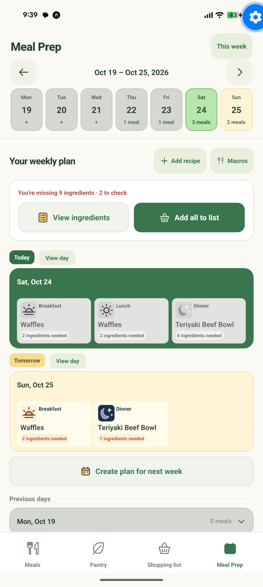 Chopple weekly meal plan with breakfast, lunch, dinner, and missing ingredients