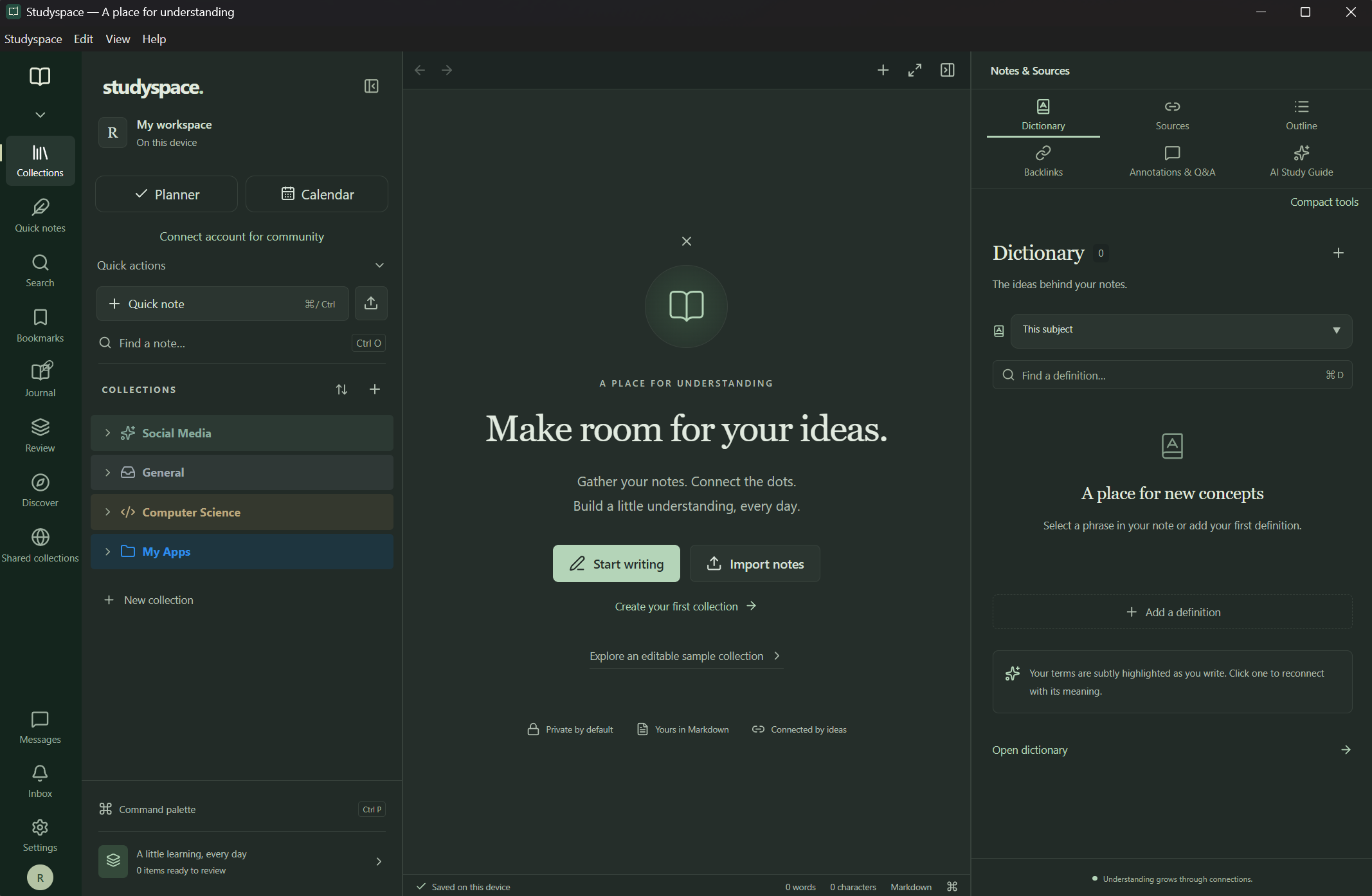 Studyspace workspace with note collections, a writing area, and a dictionary for connected concepts