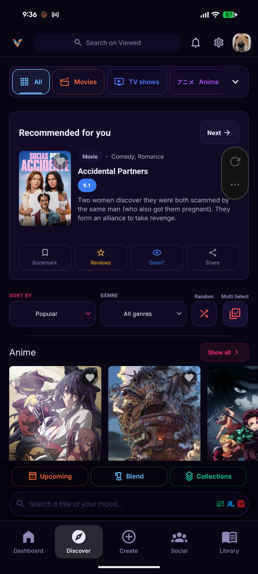Viewed discovery screen with movie recommendations and anime