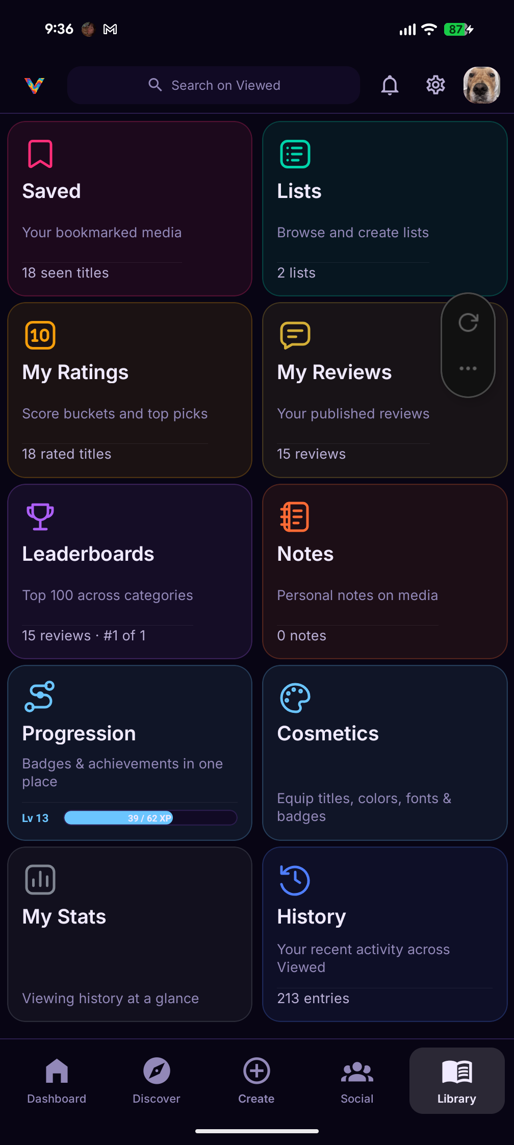 Viewed library with saved titles, lists, ratings and reviews